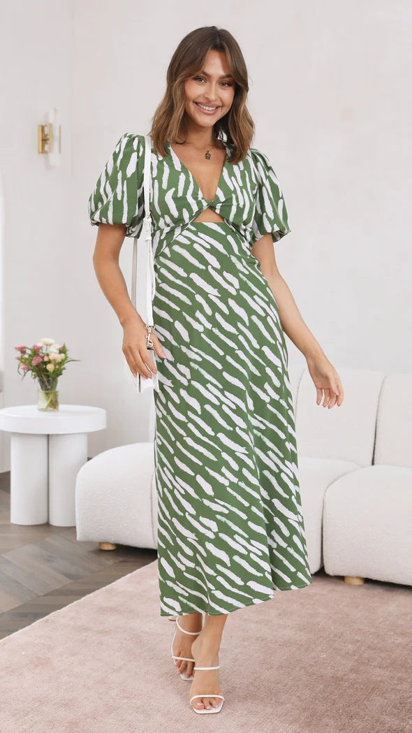 Printed V-Neck A-Line Midi Dress