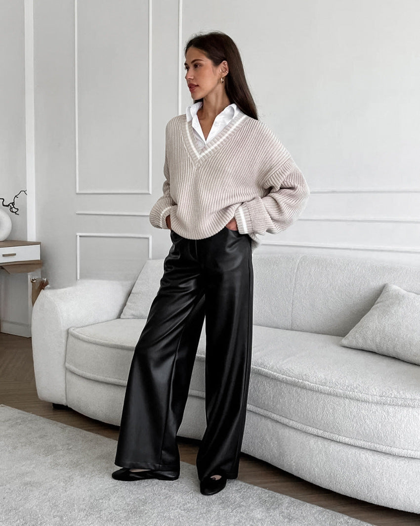 High-Waist Wide-legged Straight-Leg Faux Leather Pant