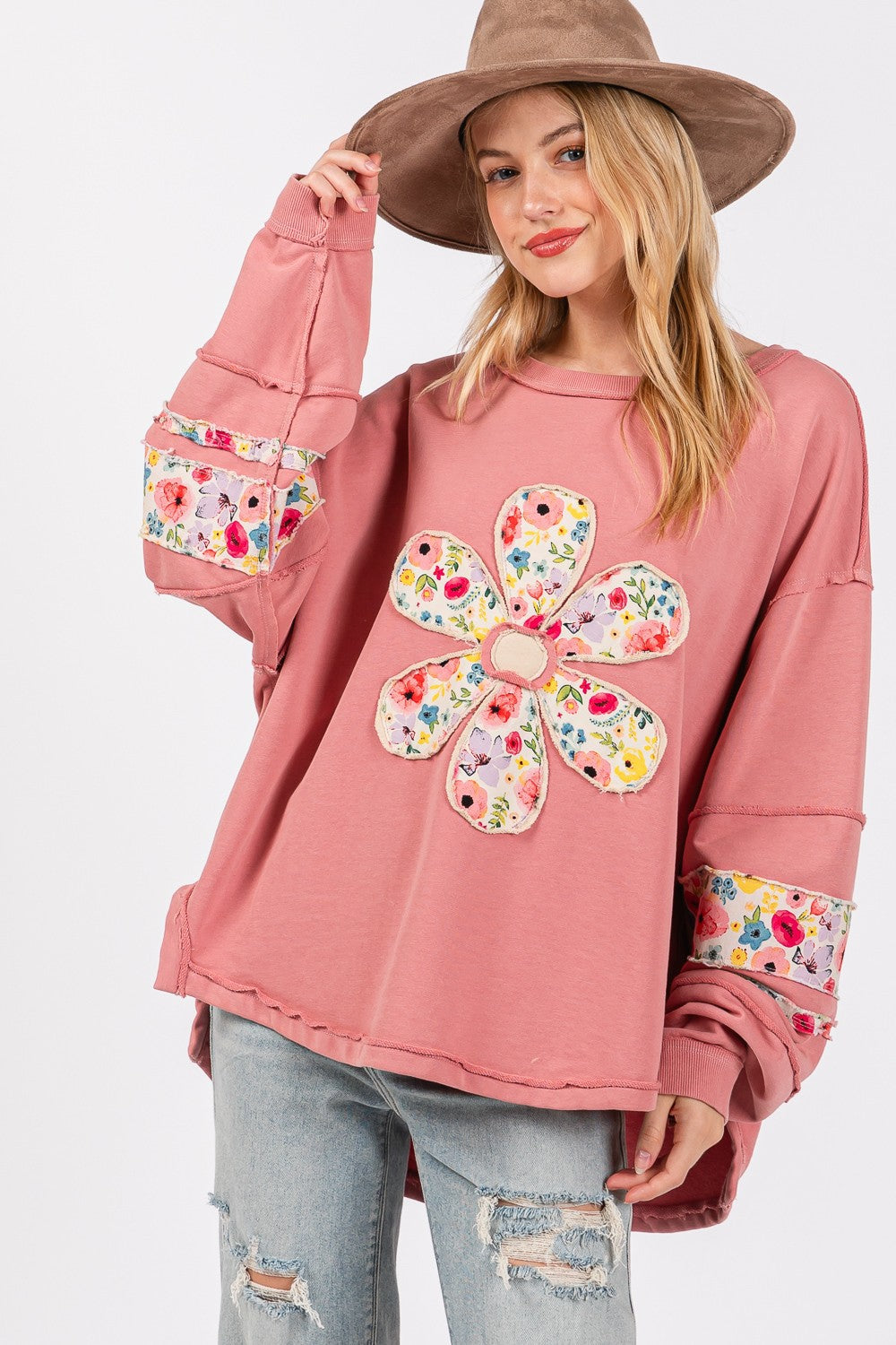 Floral Print Patch Patchwork Long-Sleeved Sweatshirt