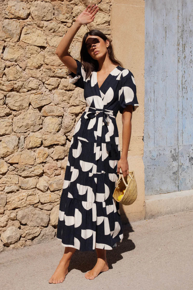 V-Neck Puff Sleeves Slit Printed Midi Dress