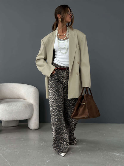 Leopard Print Wide-Leg Floor-Length Pants