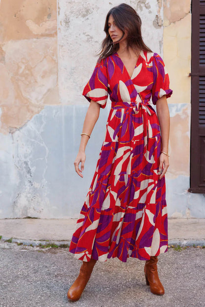 V-Neck Puff Sleeves Slit Printed Midi Dress