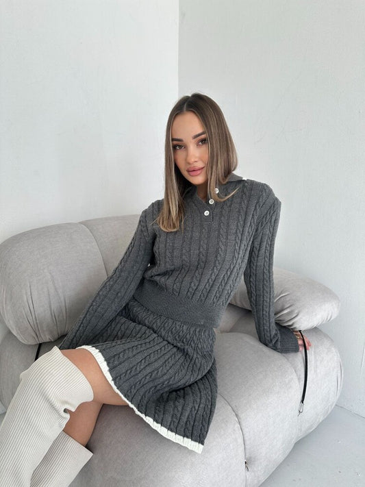 Solid Color Slim Knit Long Sleeve Skirt Two-Piece Set