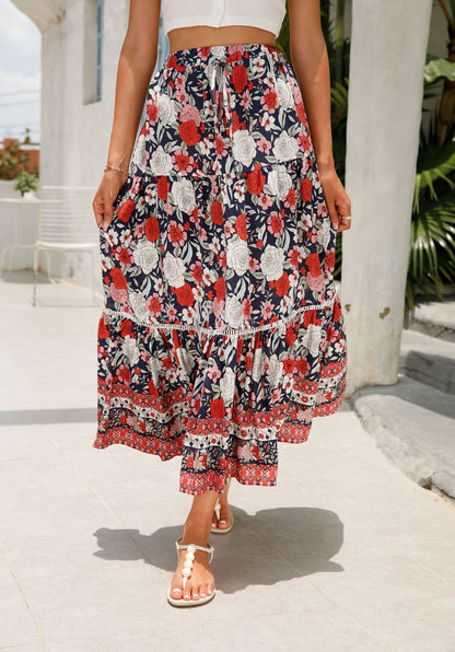 Romantic Boho Floral Print High Waist Skirt