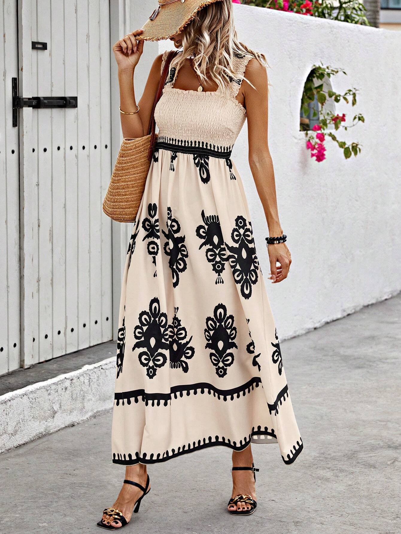 Sleeveless Strap Print Midi Dress