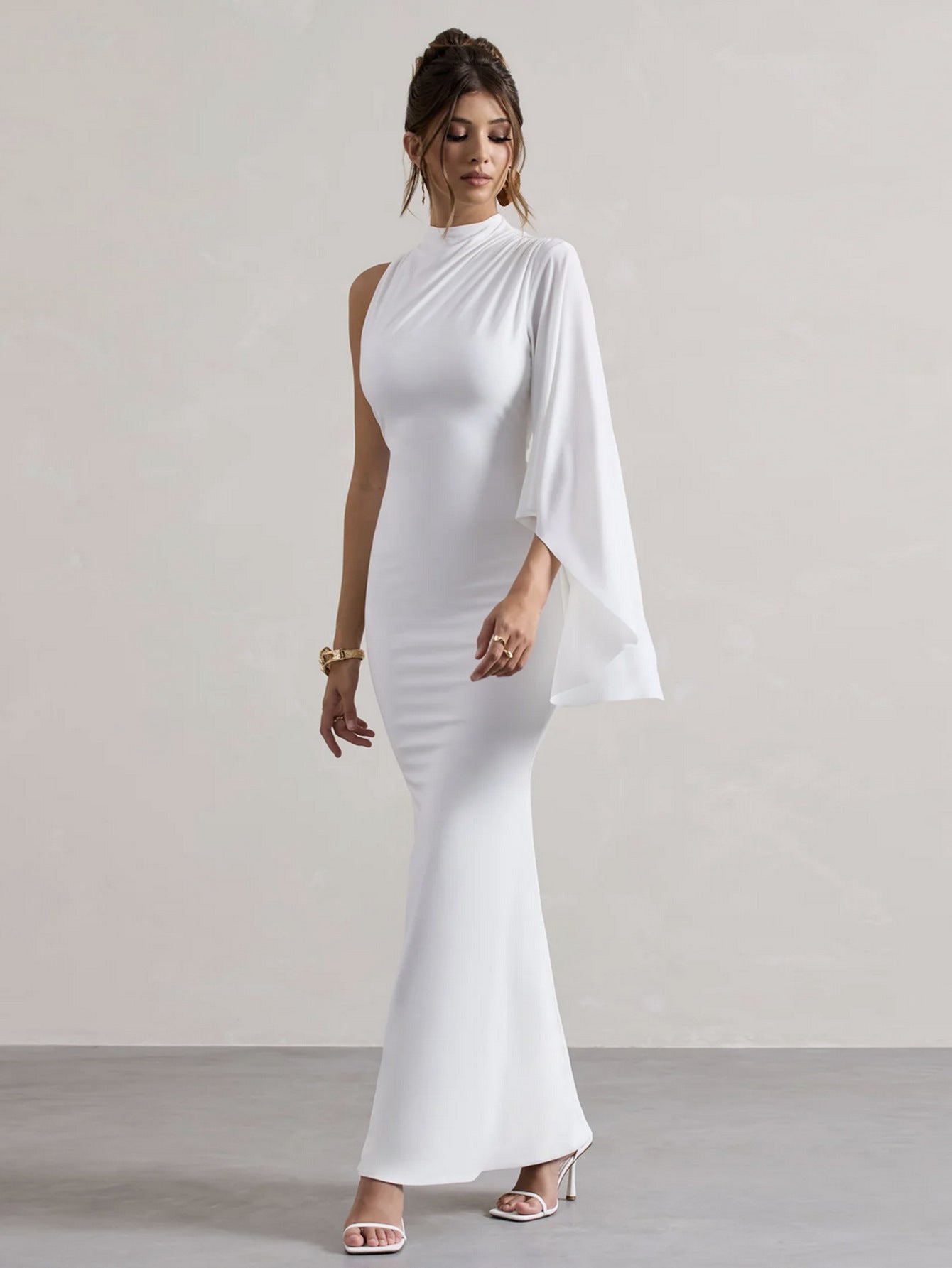 Half High Neck One Shoulder Long Sleeve Slim Fit Maxi Dress