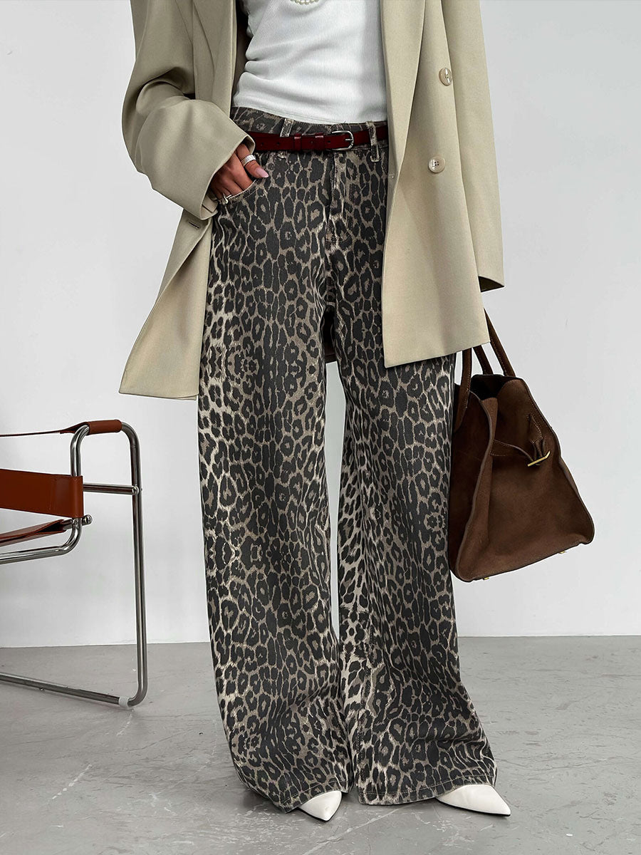 Leopard Print Wide-Leg Floor-Length Pants