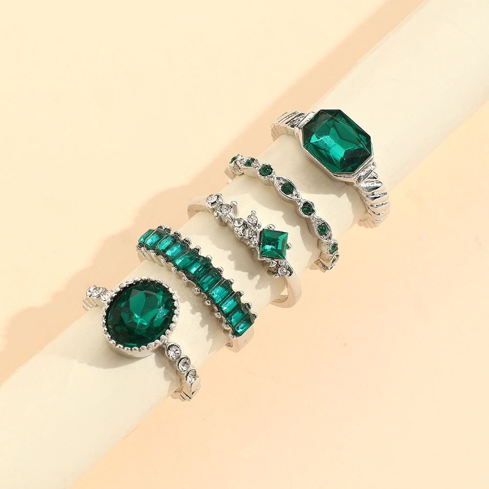 Imitation Emerald Diamond Ring Set 5 Pcs