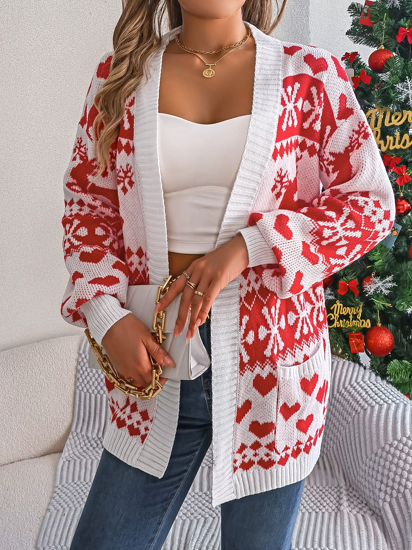 Snowflake Heart elk Pattern Knit Cardigan