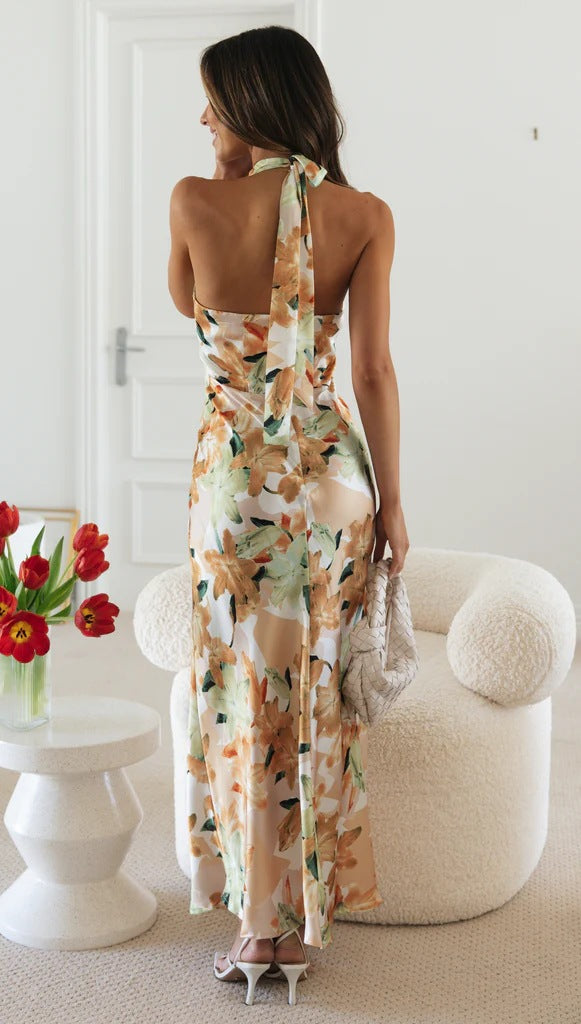 Floral Print Halter Backless Flowy Vacation Maxi Dresses