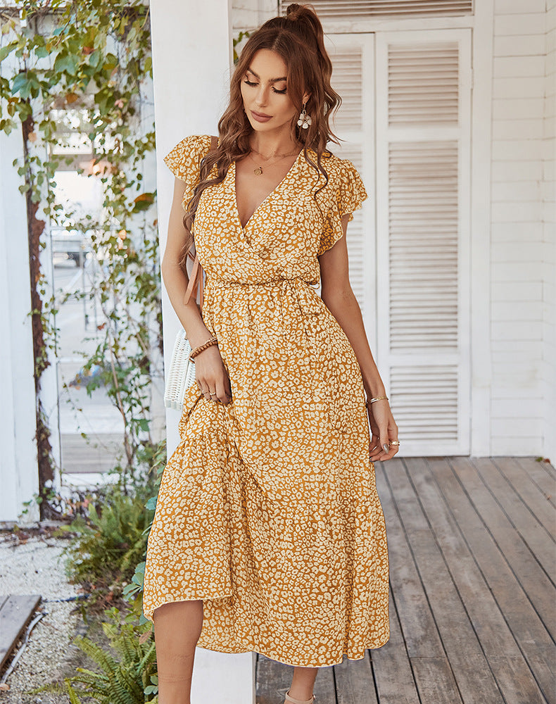 V-neck Floral Print Lace-up Casual Midi Dress