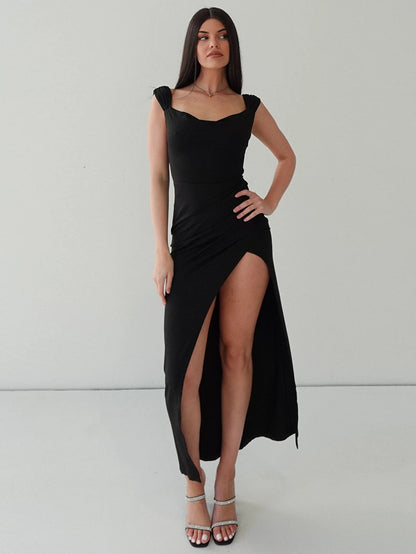 Pleated Backless Slit Maxi Dress