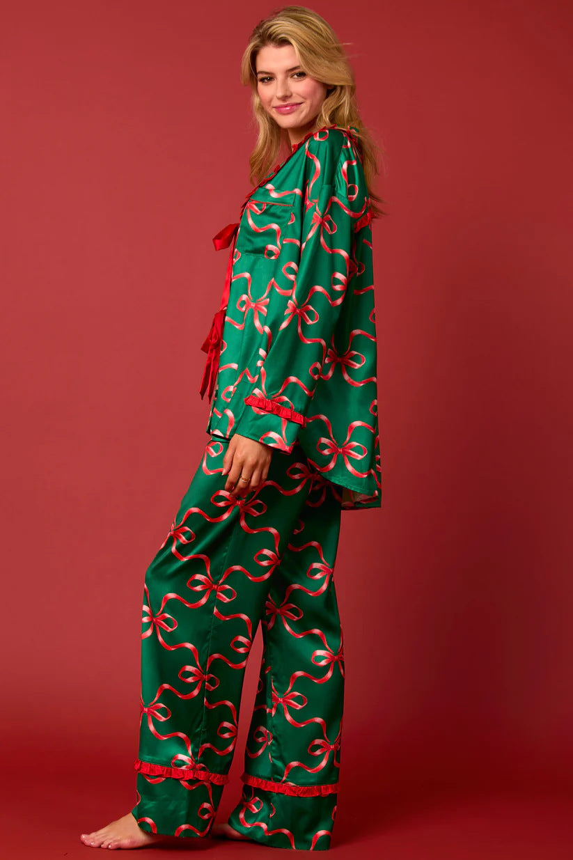 Green Christmas Pajama Set With Red Bow