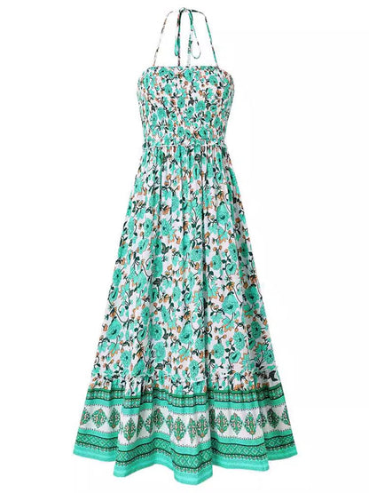 Floral Print Smocked Chest Halter Neck Midi Dress