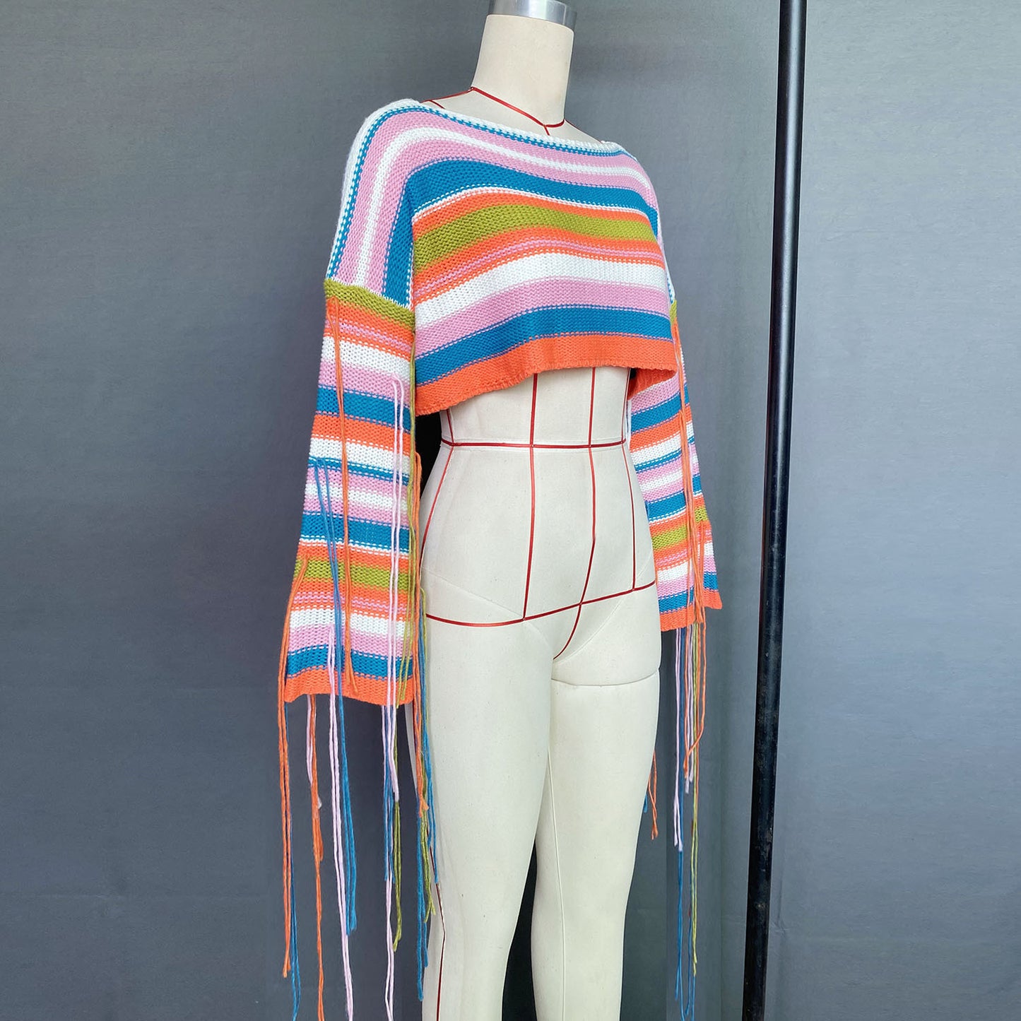 Boho Knit Rainbow Striped Fringe Crop Sweater