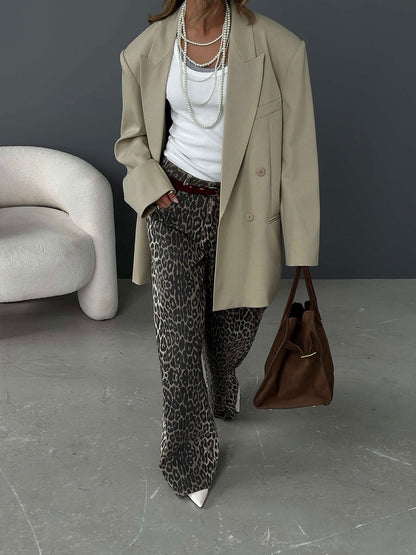 Leopard Print Wide-Leg Floor-Length Pants