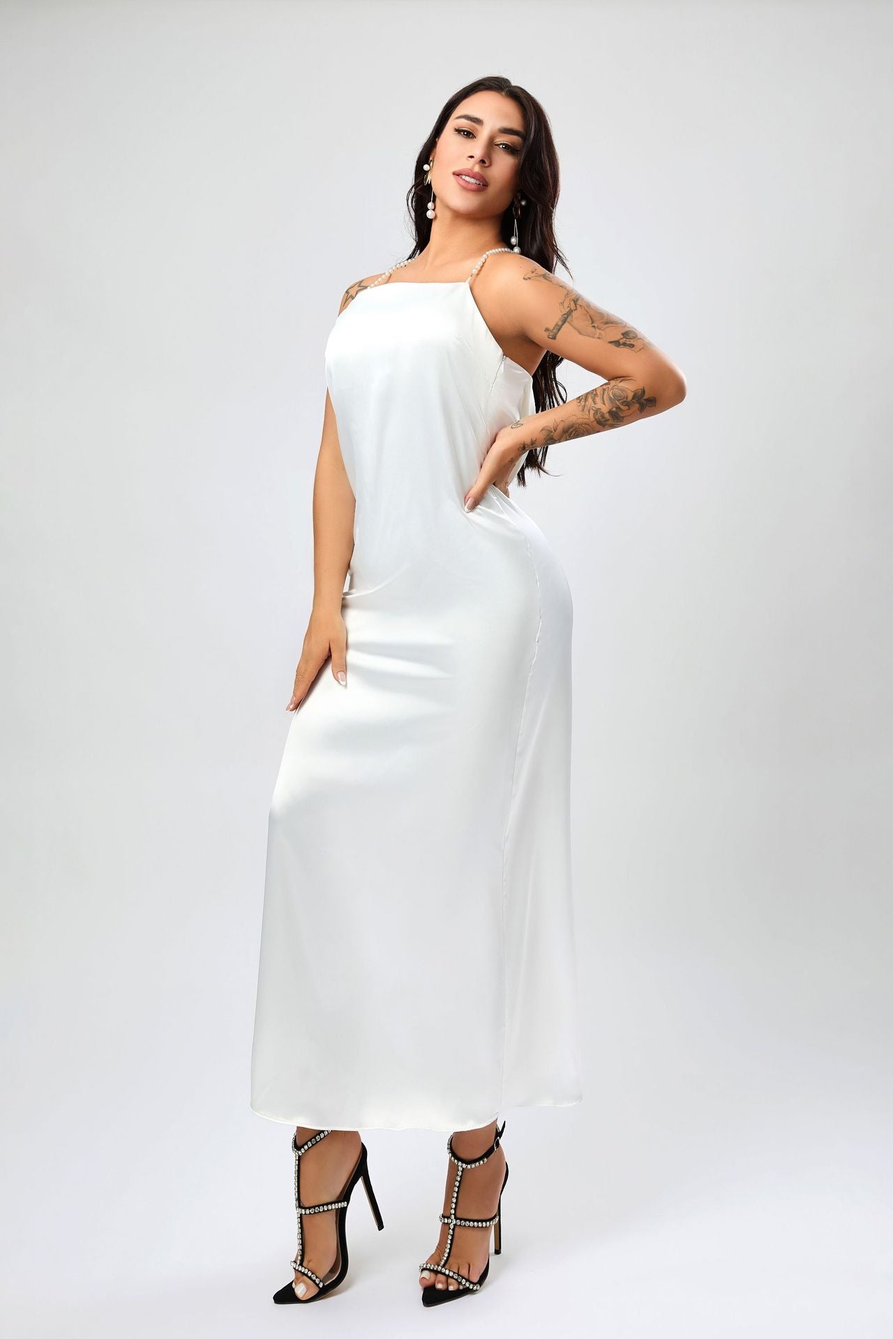 Elegant Backless Pearl Halter Maxi Dress