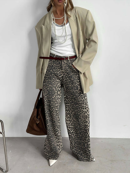 Leopard Print Wide-Leg Floor-Length Pants