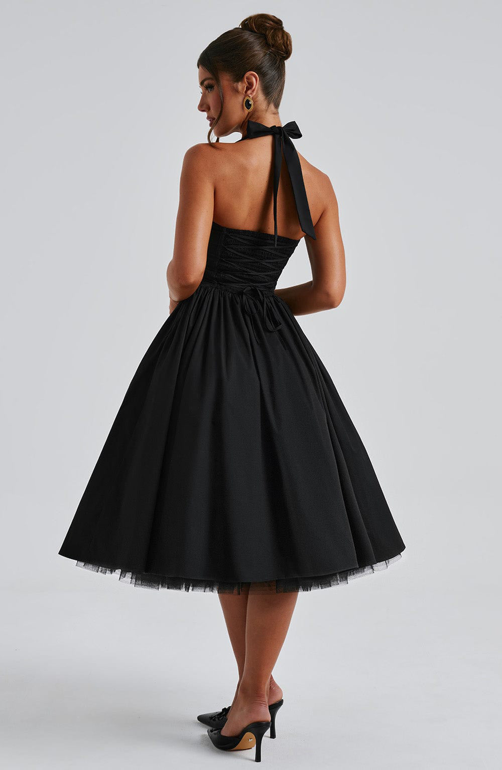 Strappy Bow Waisted Mesh Puffy Midi Dress