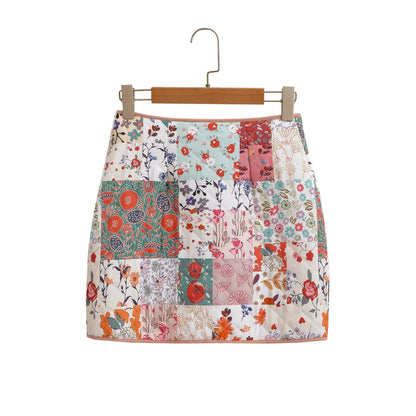 Patchwork Flower Print Front Zipper Quilted Skirt