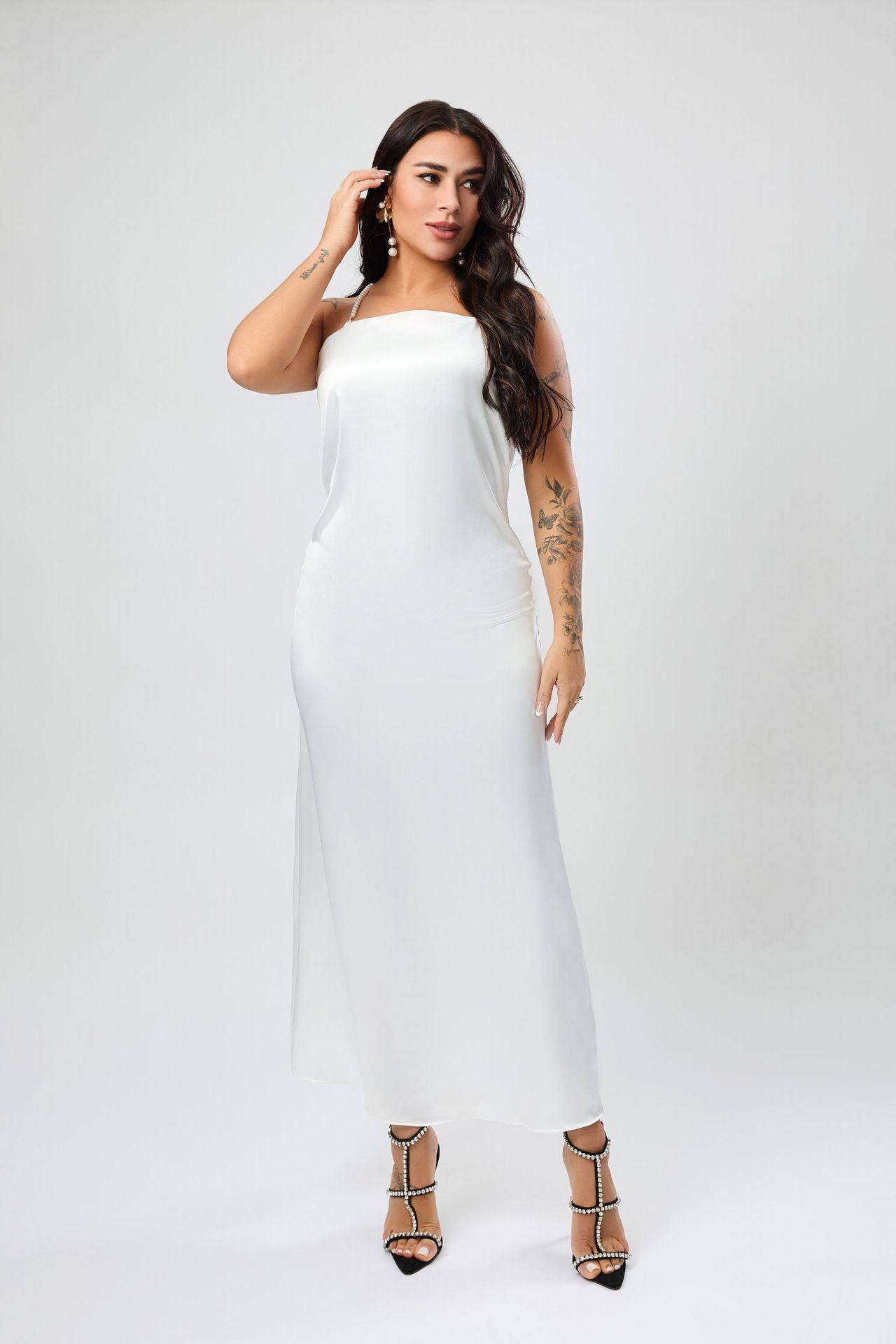 Elegant Backless Pearl Halter Maxi Dress