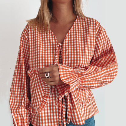 Flared Sleeve Ruffled Edge Heart-Shaped Lace-Up Plaid Shirt