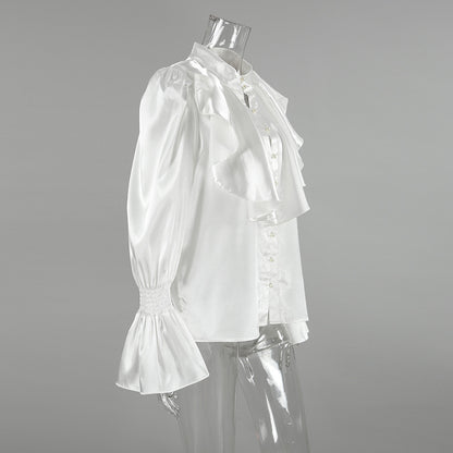 Elegant Pleated Flared Sleeve Pearl Button Shirt