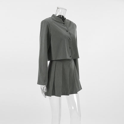 Vertical Striped Suit Jacket And Pleated Skirt Suit