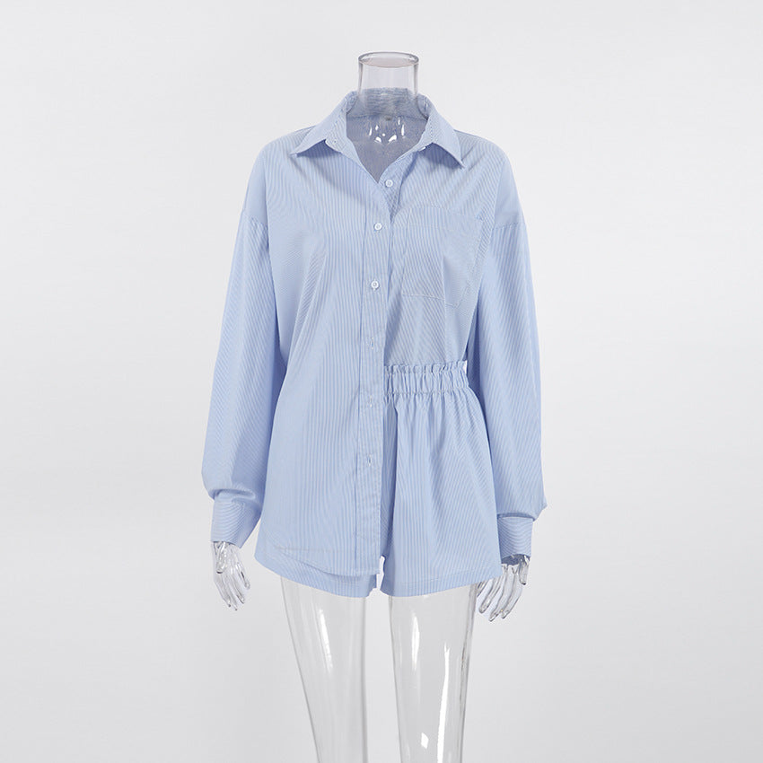 Blue Elegant Long Sleeve Shirt And Short Set