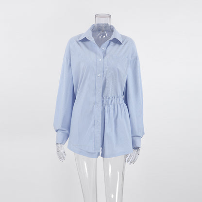 Blue Elegant Long Sleeve Shirt And Short Set