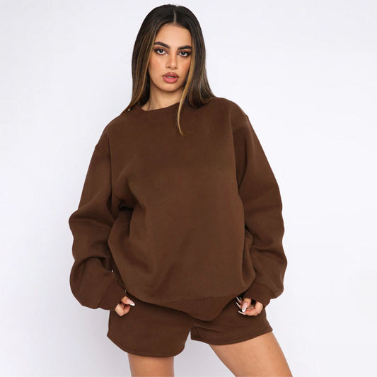 Nude Solid Color Casual Loose Pullover Hoodie Shorts Set