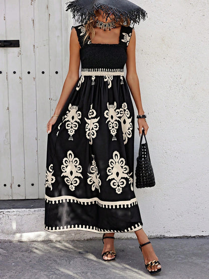 Sleeveless Strap Print Midi Dress