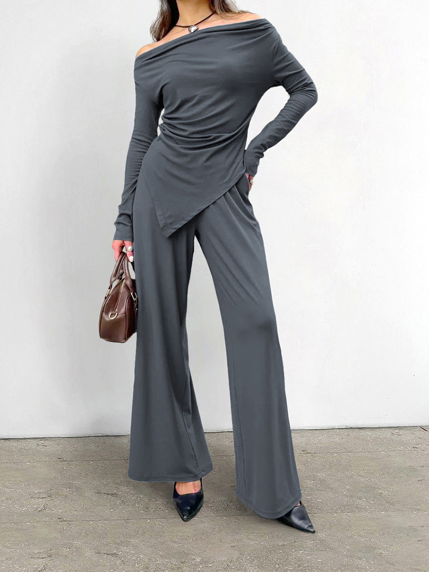 Strapless Ruched Slim Long Sleeve Top Wide Leg Pants Set