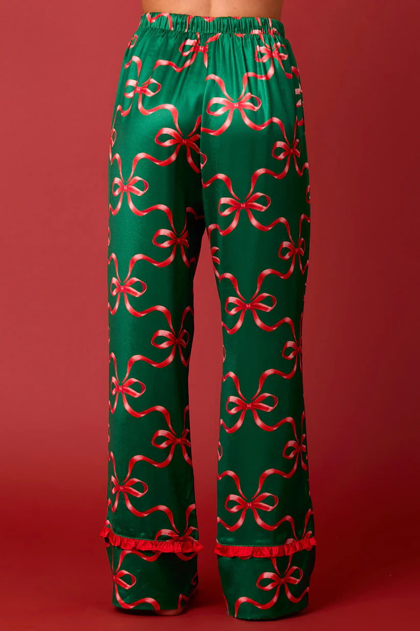 Green Christmas Pajama Set With Red Bow