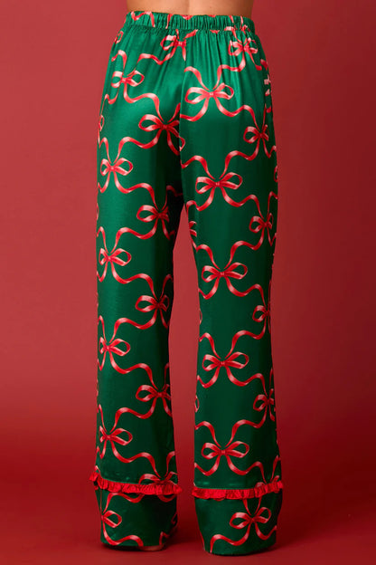 Green Christmas Pajama Set With Red Bow