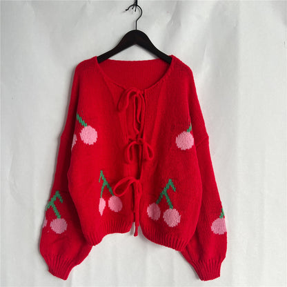 Cherry Knit Lace-Up Cardigan