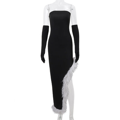 Raw Edge Slit Sheath Maxi Dress (Gloves Included)