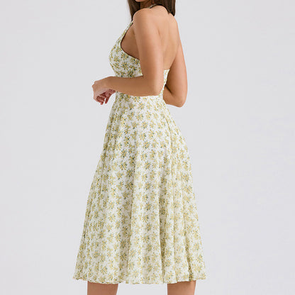 Halterneck Deep V Floral Backless Midi Dress