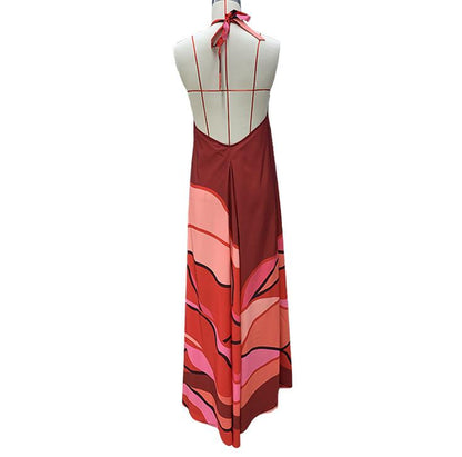 Halter Neck Printed Backless A-Line Maxi Dress