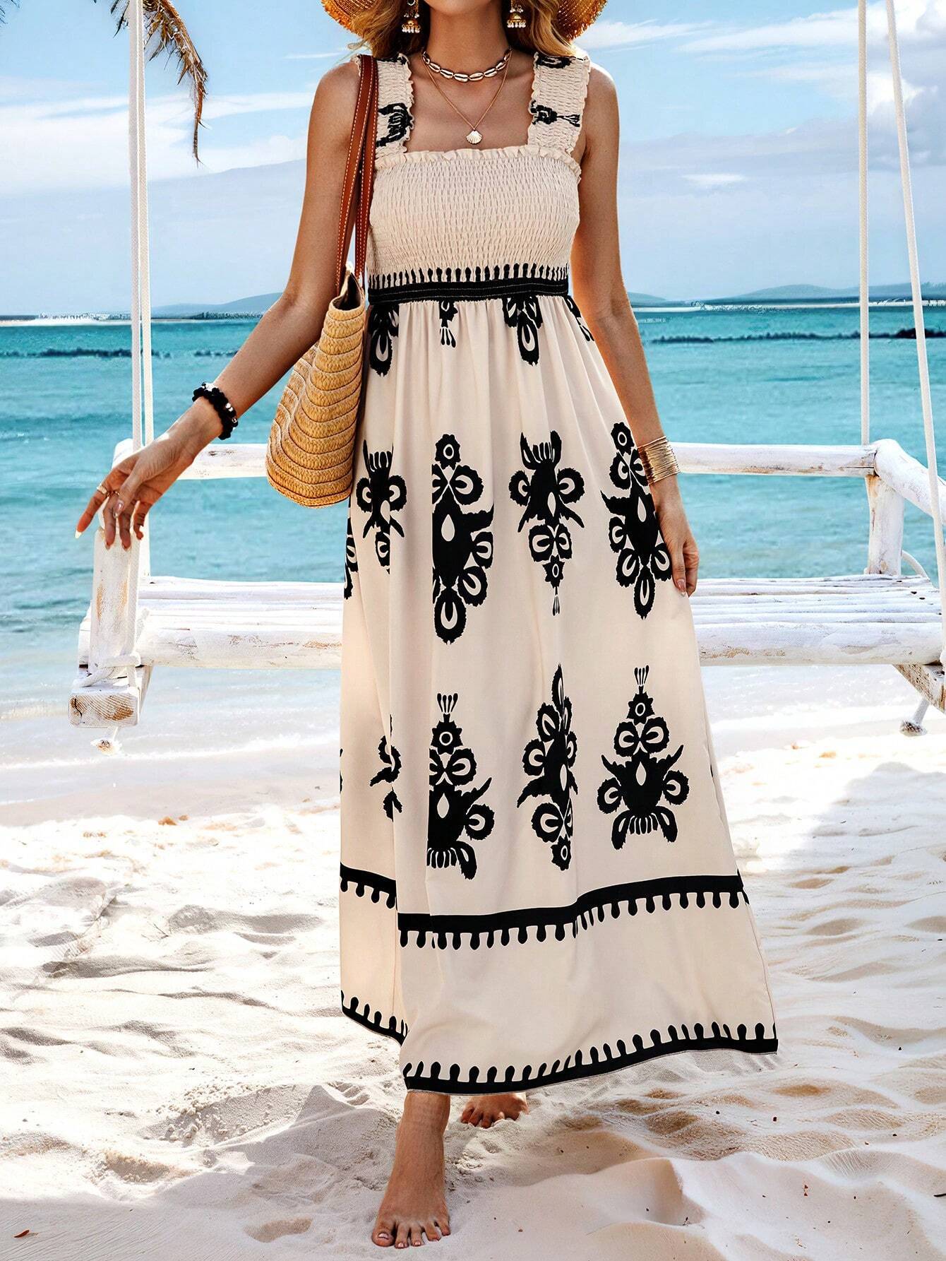 Sleeveless Strap Print Midi Dress