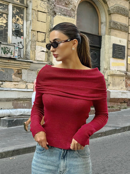 Plain Off Shoulder Long Sleeve Light Knit Sweater