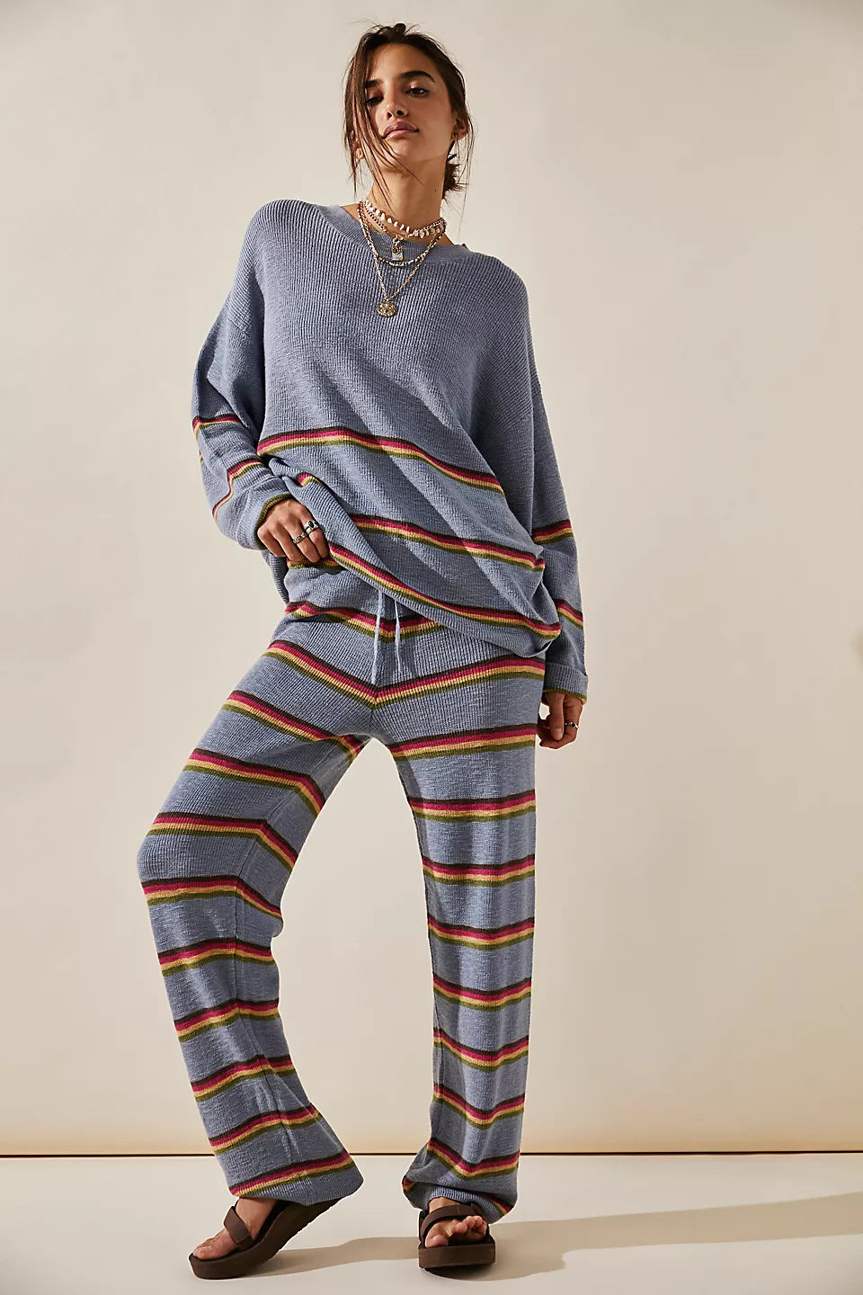 Striped Long-Sleeved Pants Knit Set