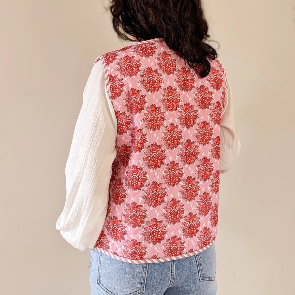 Pink Floral Print Lace-Up Quilted Thin Waistcoat