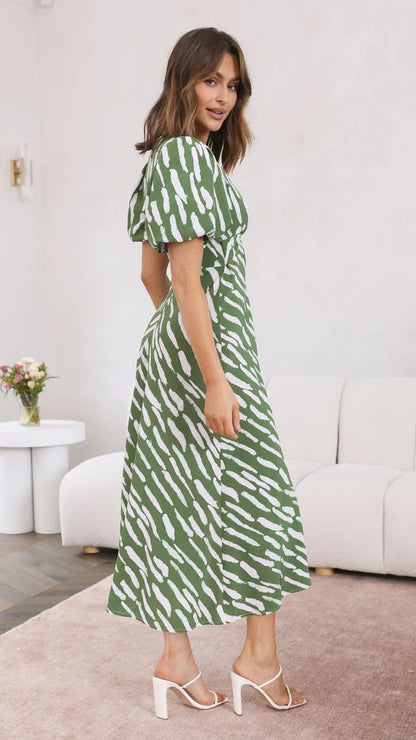 Printed V-Neck A-Line Midi Dress