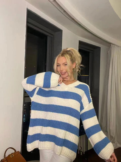 Loose V-neck Striped Knit Sweater