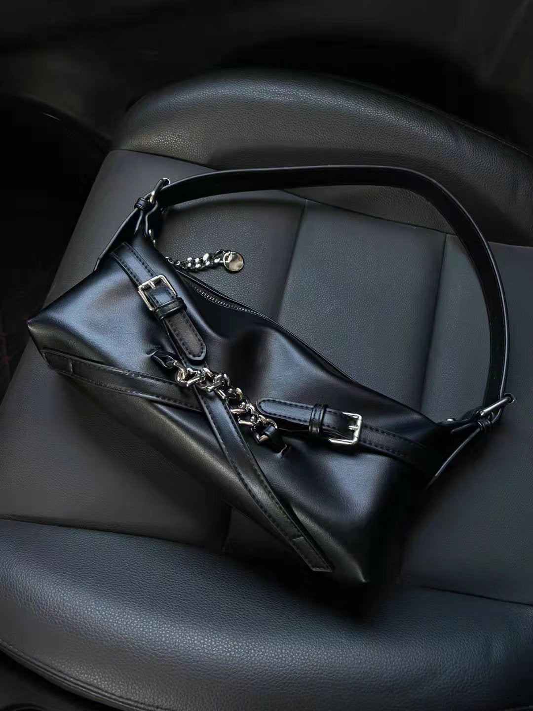 Buckle Chain Detail Faux Leather Shoulder Bag