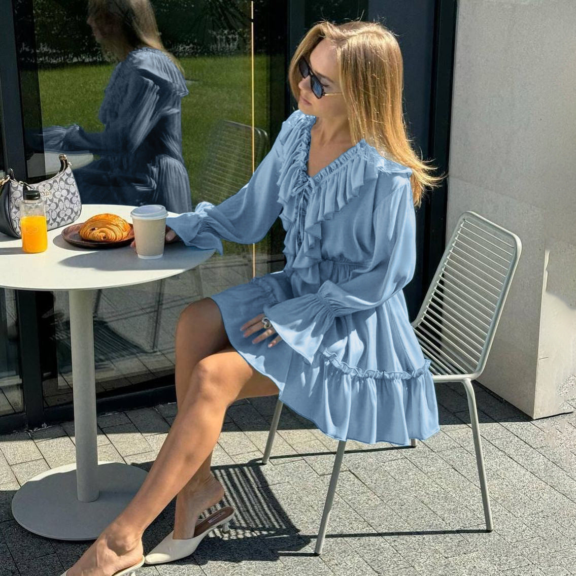 V-neck Pleated Ruffle Waist Long Sleeve Mini Dress