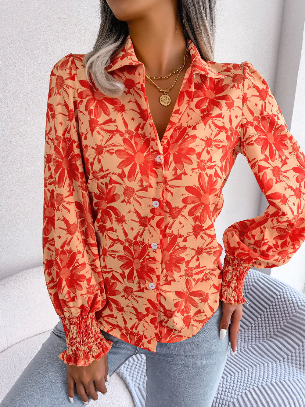 Lantern Sleeve Floral Print Shirt