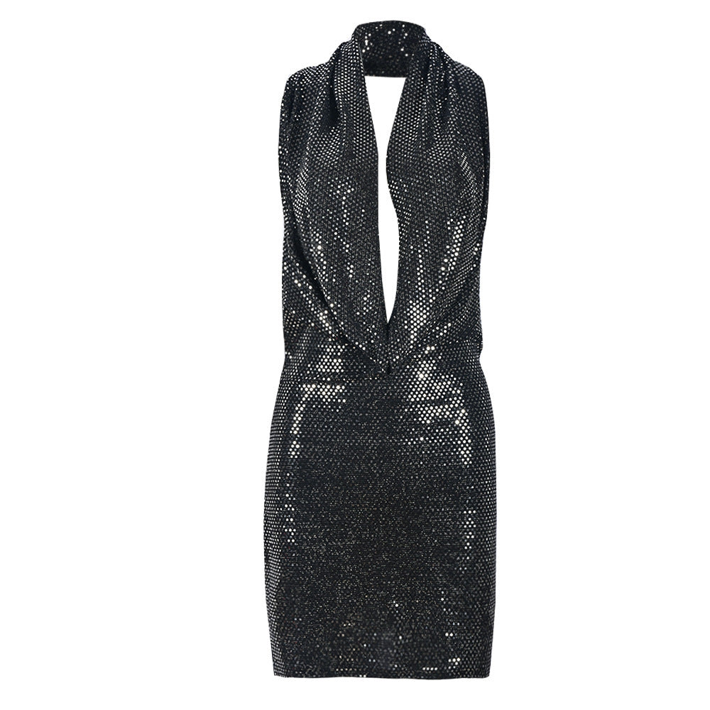 Sequin Hooded Swing Neck Backless Mini Dress