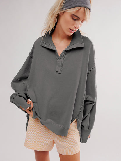 Loose Lantern Sleeve Lapel Slit Hoodie